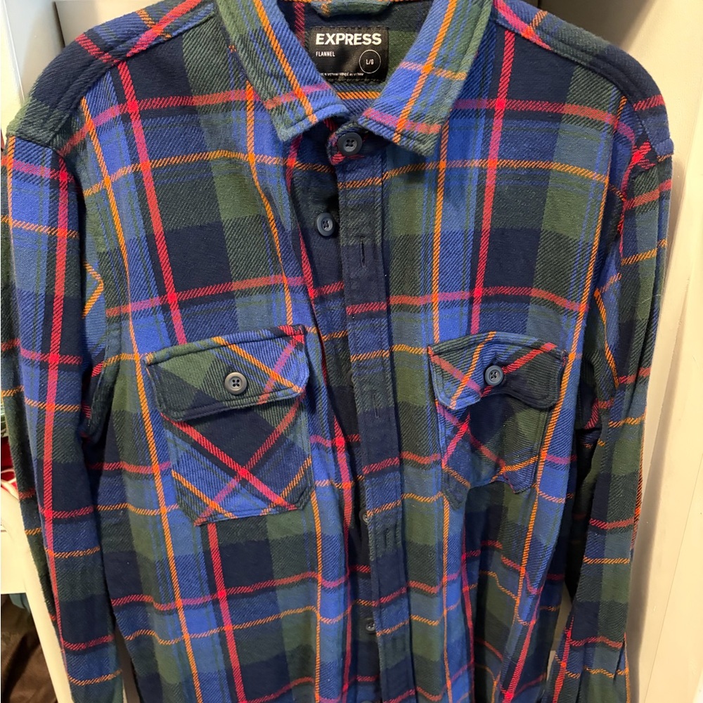 Express Men's Blue and Green Plaid Shirt